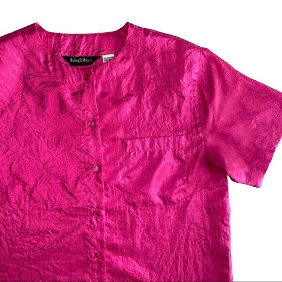 Vintage Ashleigh Morgan ‘80s Pink Crinkled Polyester Button Front Shirt Medium - Picture 2 of 8
